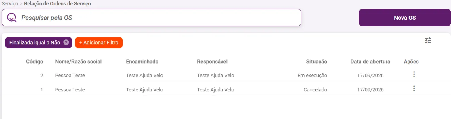 Relação de Ordens de Serviço com o botão Nova OS