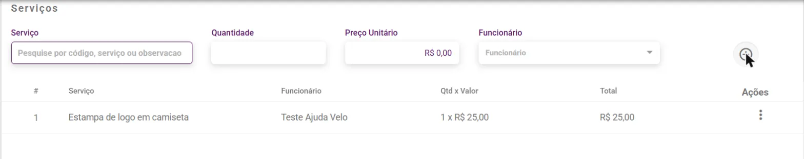 Painel Serviços da OS com o serviço e o funcionário lançados
