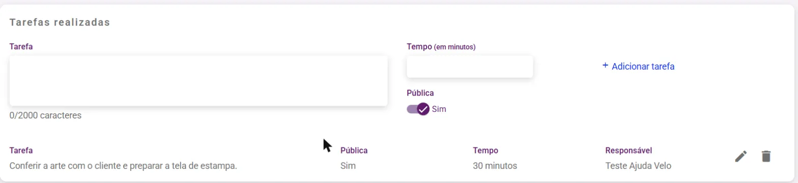 Painel Tarefas realizadas com uma tarefa lançada