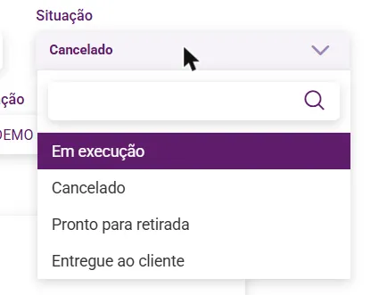 Lista Situação aberta com os status cadastrados