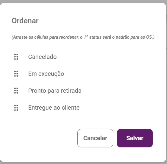 Janela Ordenar com os status arrastáveis e o aviso de que o primeiro é o padrão