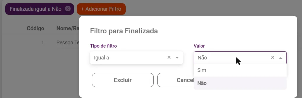 Janela Filtro para Finalizada com o valor Sim sendo escolhido