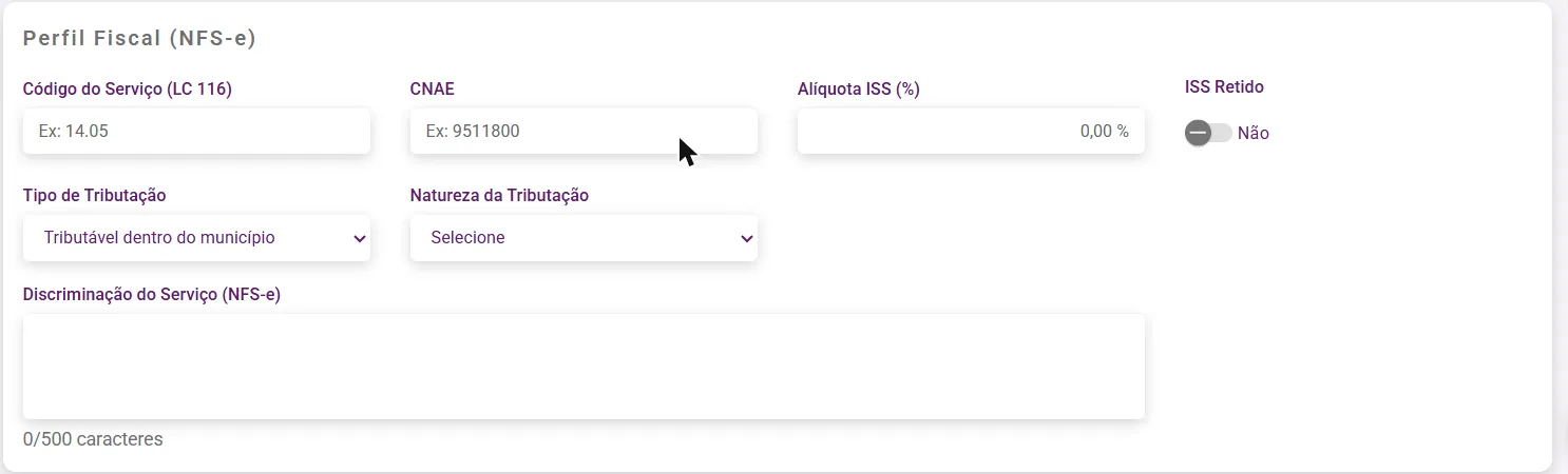 Painel Perfil Fiscal (NFS-e) com os campos de código, CNAE, ISS e discriminação