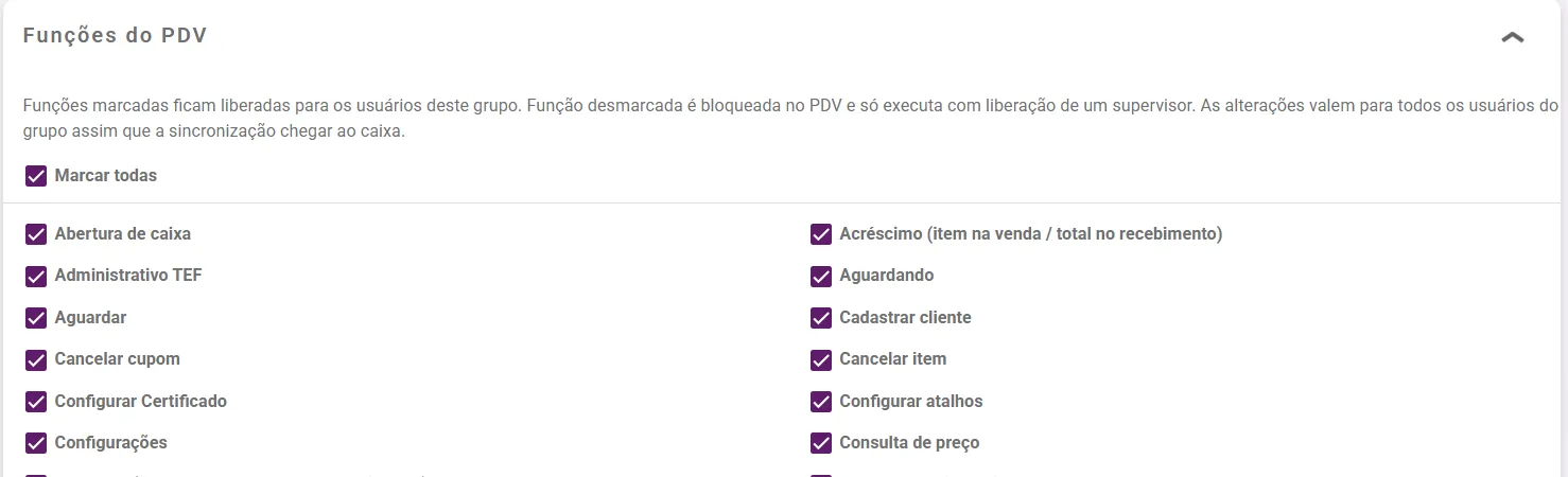 Painel Funções do PDV com a lista de funções liberadas
