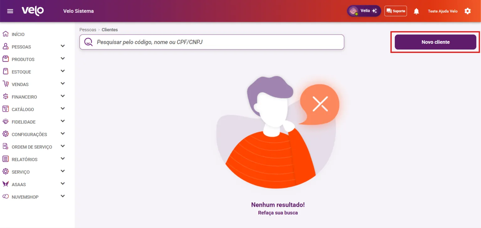 Listagem de clientes com o campo de busca e o botão Novo cliente