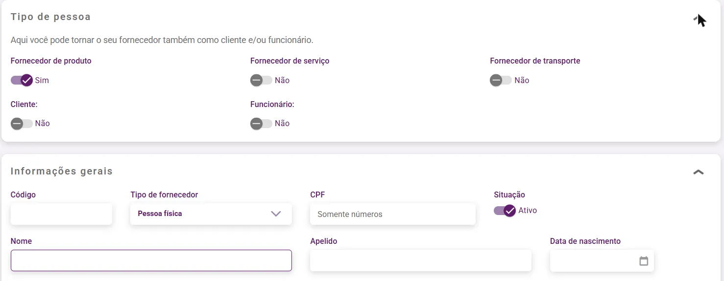 Cadastro de fornecedor com o painel Tipo de pessoa e as informações gerais