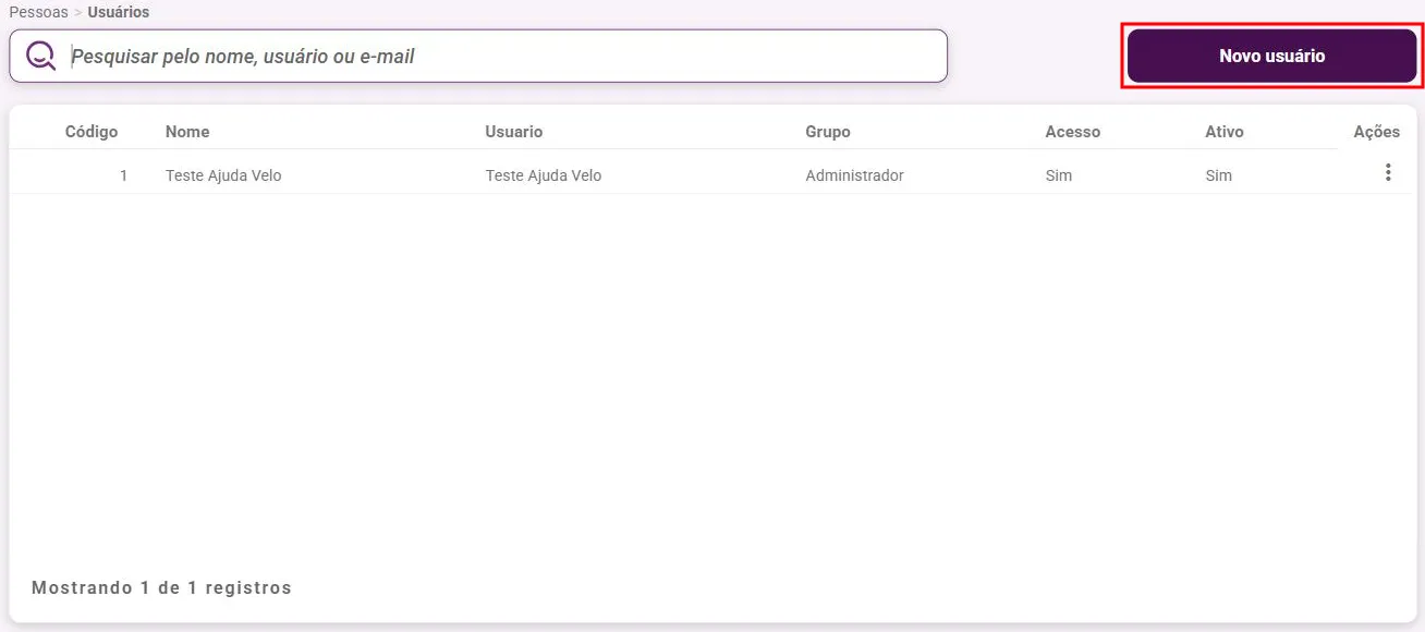 Listagem de usuários com o botão Novo usuário