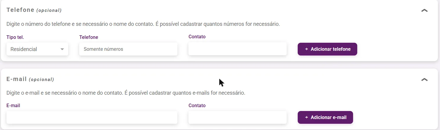 Painéis Telefone e E-mail com os campos de contato e os botões de adicionar