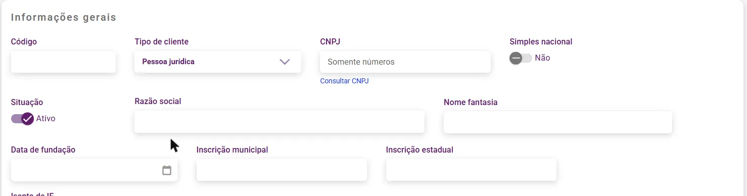 Cadastro de cliente pessoa jurídica com o link Consultar CNPJ