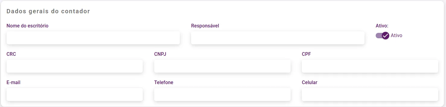 Cadastro do contador com nome do escritório, responsável, CRC e contatos