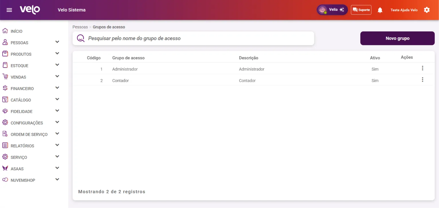 Listagem de grupos de acesso já cadastrados