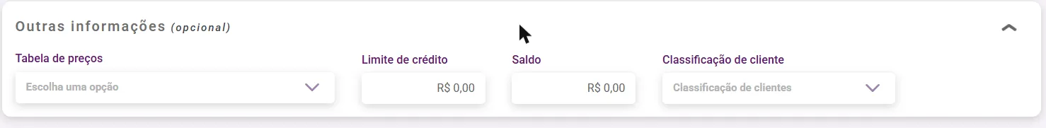 Painel Outras informações com tabela de preços, limite de crédito, saldo e classificação