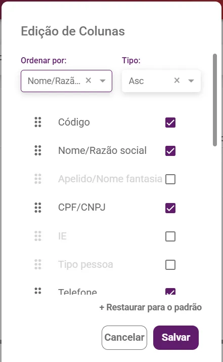 Janela Edição de Colunas com a lista de colunas e a ordenação