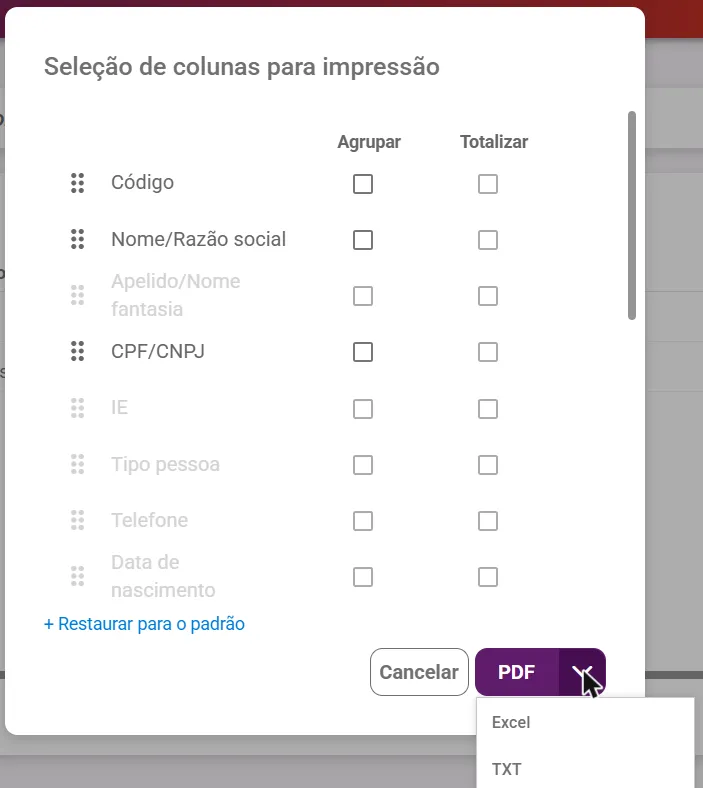 Janela Seleção de colunas para impressão com o menu de formatos aberto