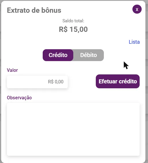 Janela Extrato de bônus com as opções Crédito e Débito, valor e observação