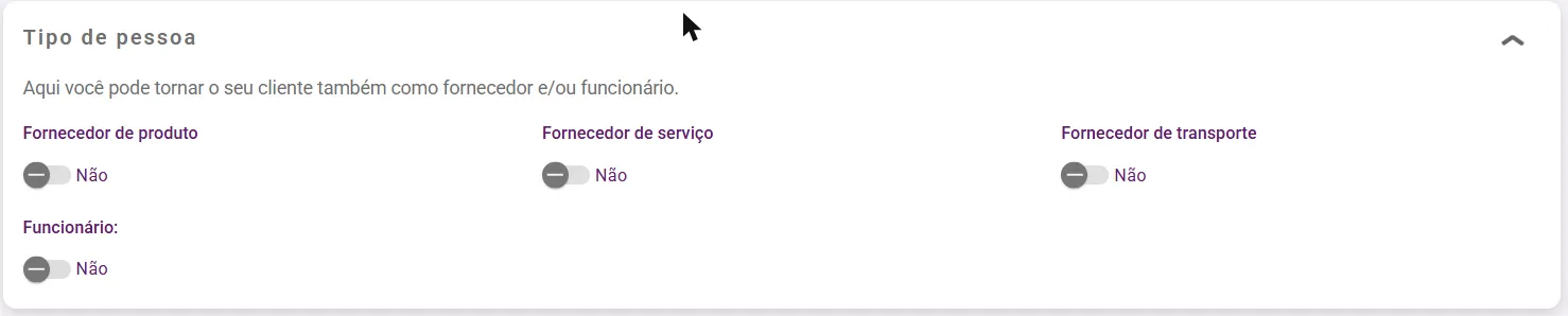 Painel Tipo de pessoa com as chaves de fornecedor e funcionário