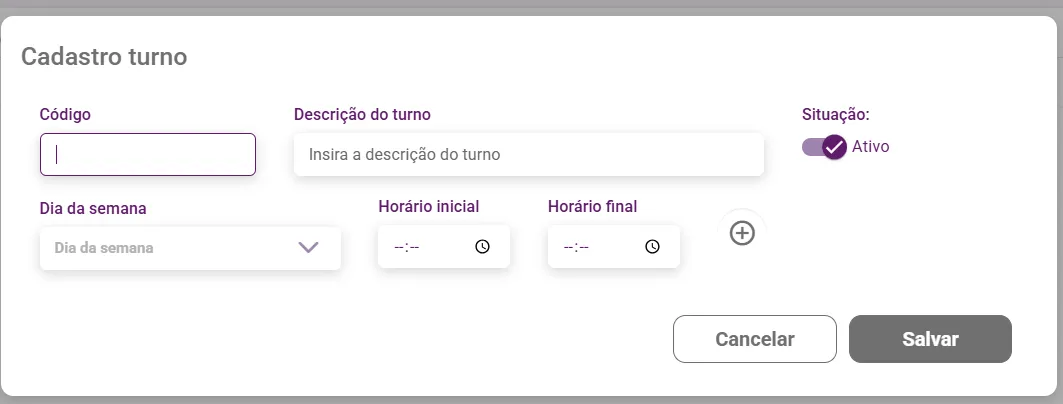 Janela Cadastro turno com dia da semana, horário inicial e final