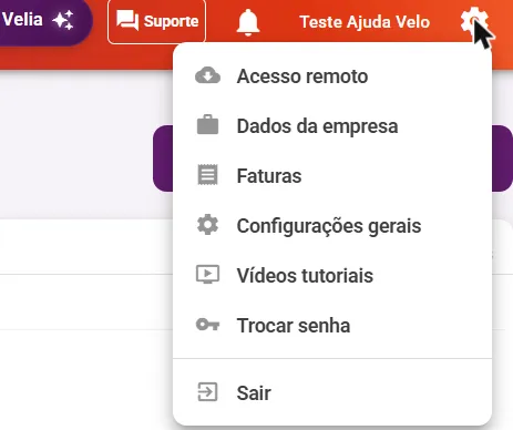 Menu da engrenagem com as opções, incluindo Trocar senha