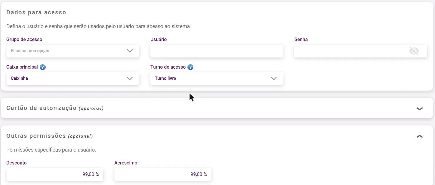 Painel Dados para acesso com grupo de acesso, usuário, senha, caixa e turno
