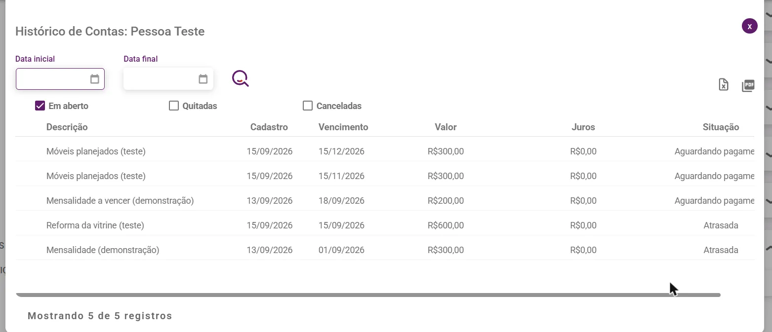 Janela Histórico de Contas com os filtros Em aberto, Quitadas e Canceladas