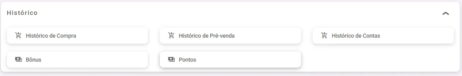 Painel Histórico com os atalhos de compra, pré-venda, contas, bônus e pontos