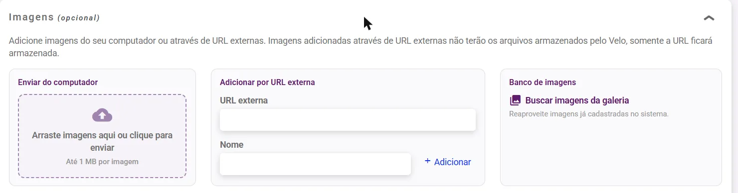 Painel Imagens com as três formas de adicionar foto