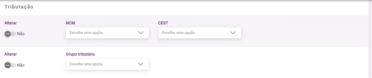 Painel Tributação da edição múltipla com NCM, CEST e Grupo tributário