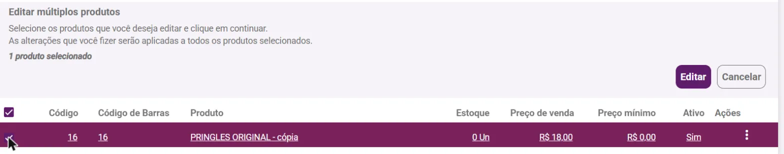 Modo de edição múltipla com o contador de produtos selecionados