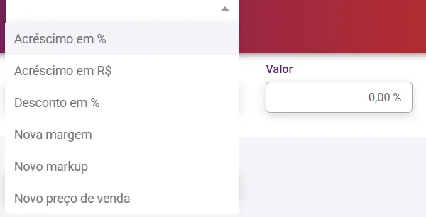 Lista de regras de preço, de Acréscimo em % a Novo preço de venda