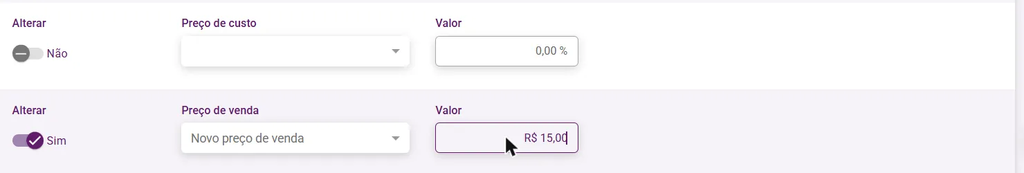 Regra Novo preço de venda com o valor preenchido
