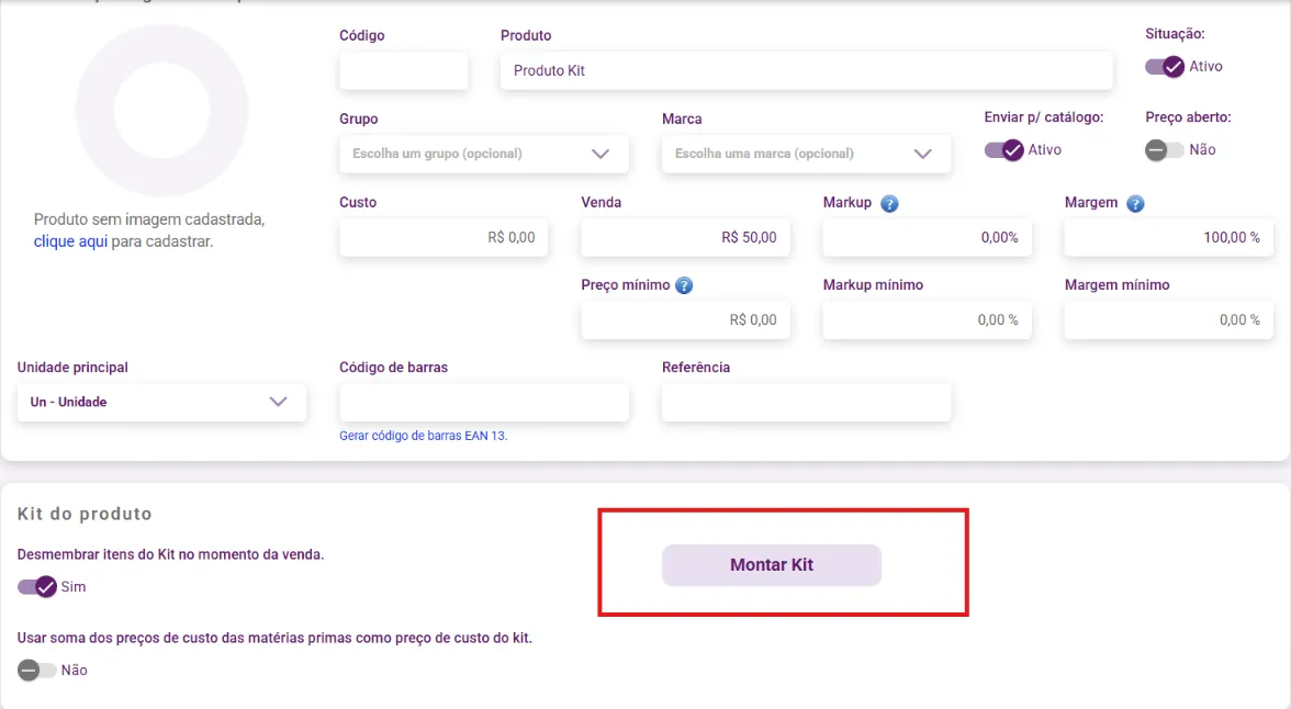 Painel Kit do produto com as duas chaves e o botão Montar Kit