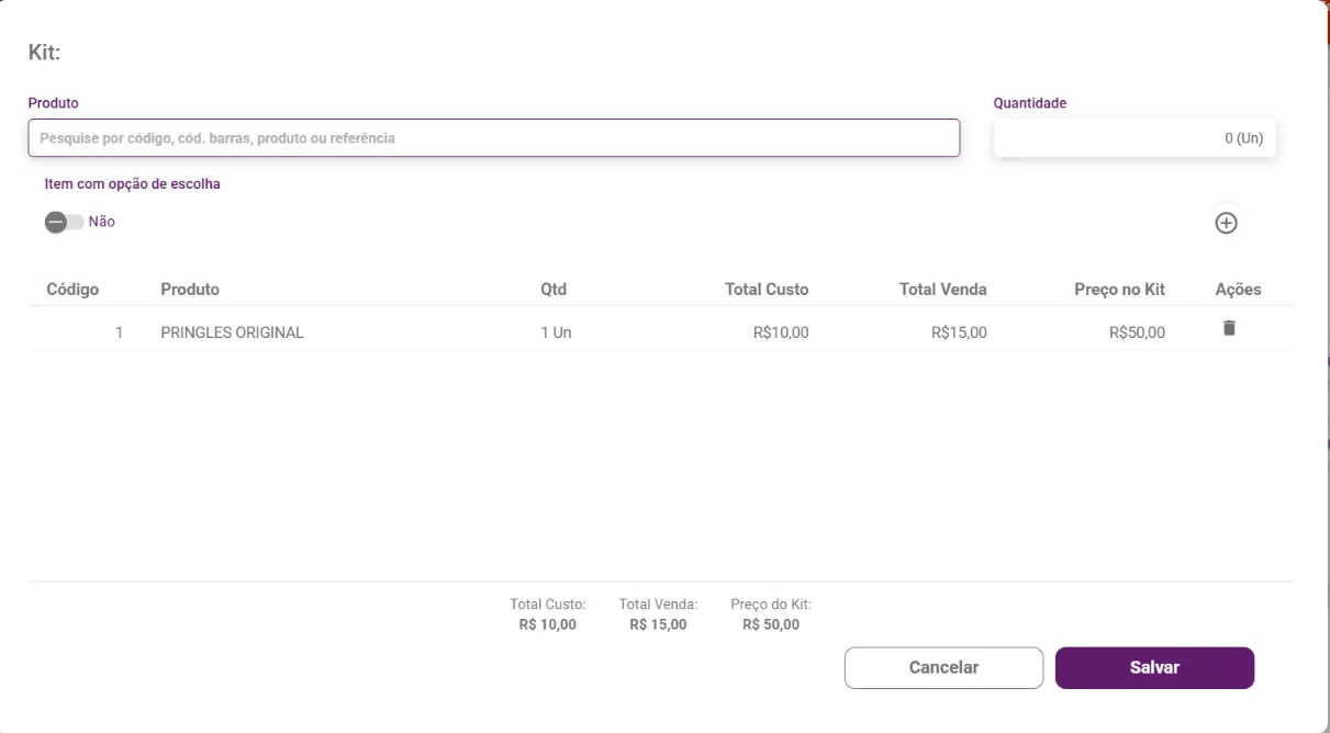 Janela Kit com um item adicionado, a quantidade e os totais no rodapé