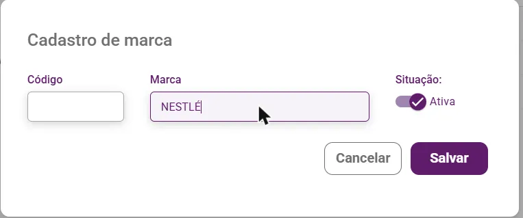 Janela Cadastro de marca com o nome preenchido