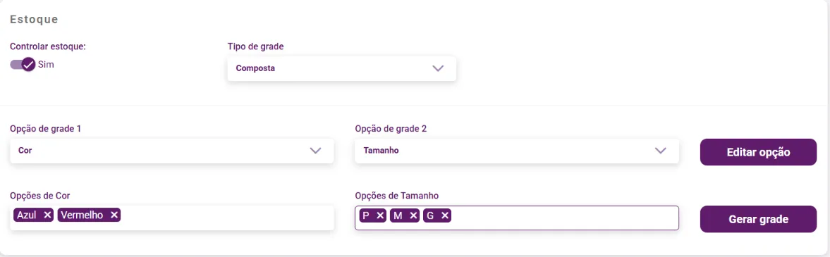 Painel Estoque com Tipo de grade Composta, as opções Cor e Tamanho e os valores escolhidos