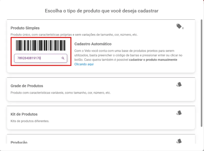 Cartão Produto Simples com o bloco Cadastro Automático e o campo de código de barras