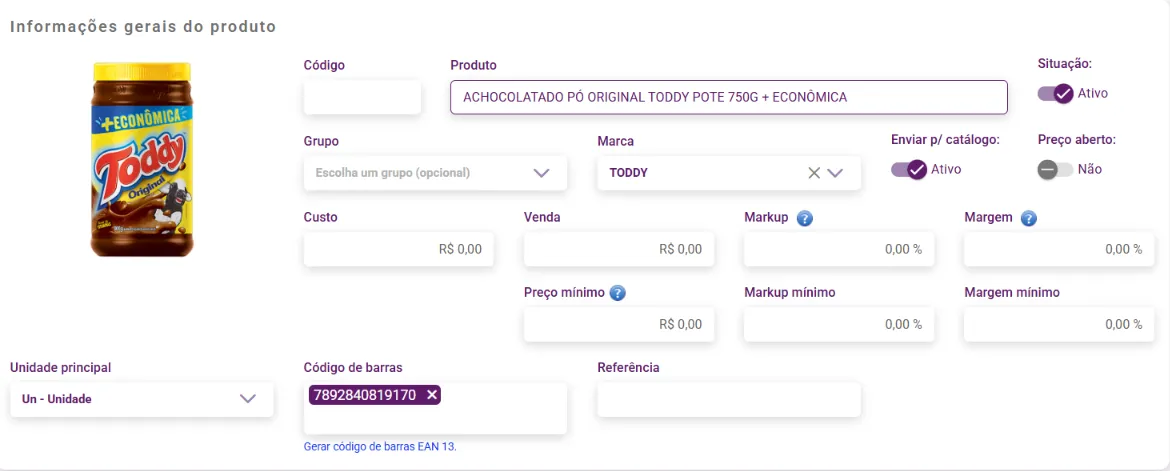 Cadastro aberto com nome, marca, foto e código de barras vindos da base
