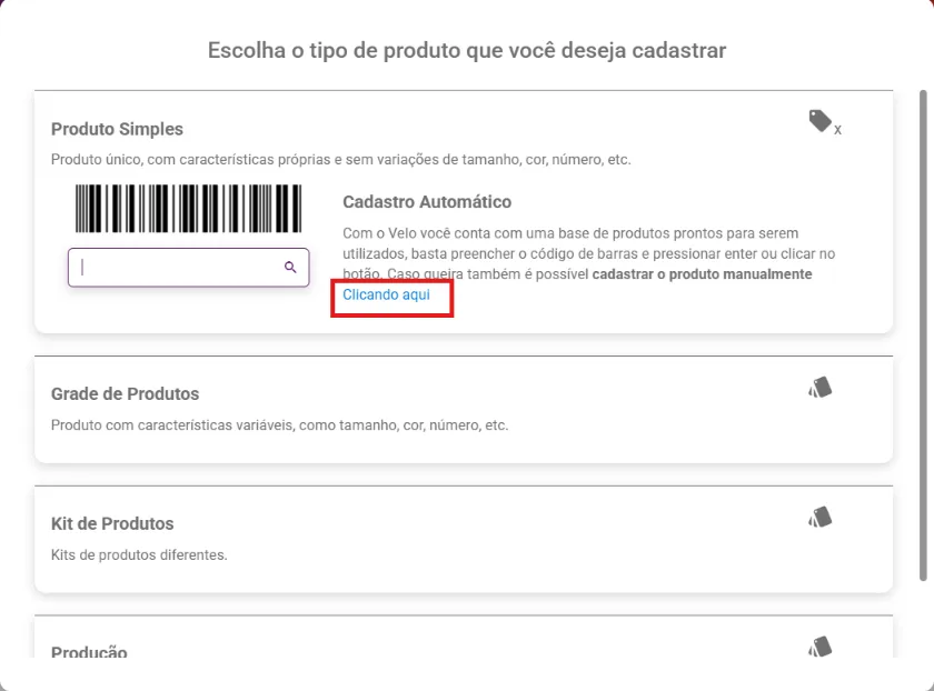 Cartão Produto Simples com o link Clicando aqui para o cadastro manual