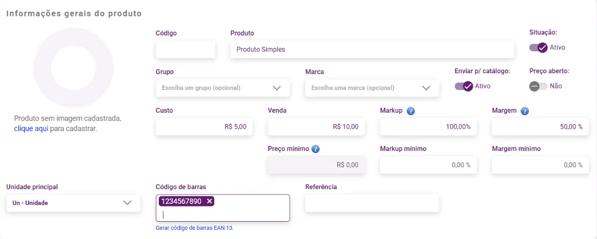 Painel Informações gerais do produto preenchido, com os campos de preço e o código de barras