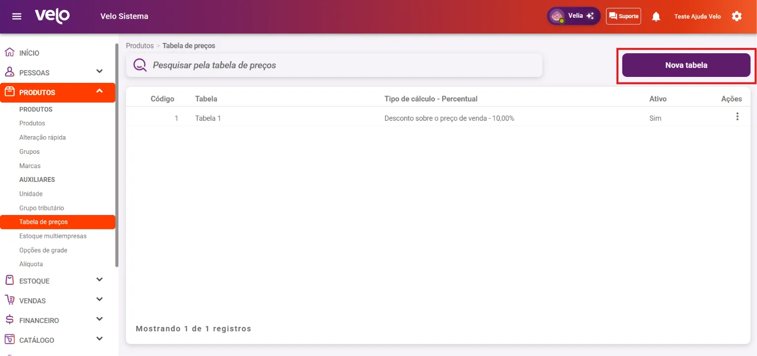 Listagem de tabelas de preços com o botão Nova Tabela