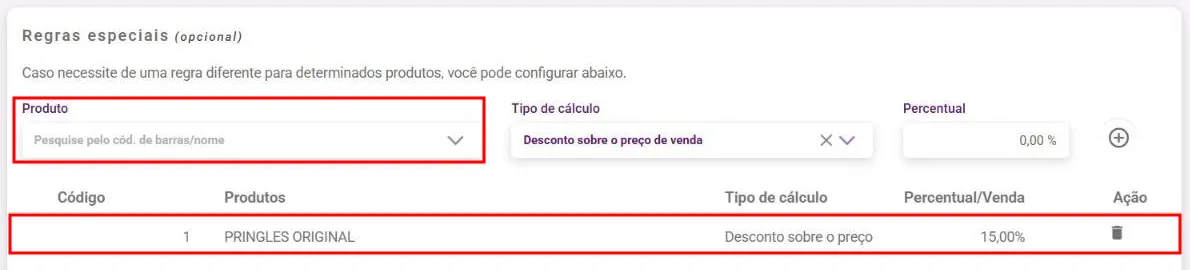 Campo Produto com uma regra especial já adicionada na listagem