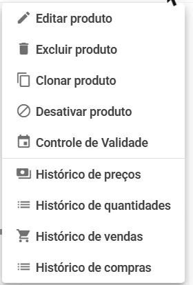 Menu de ações do produto com a opção Clonar produto