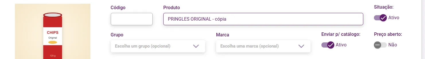 Cabeçalho do cadastro com o nome terminado em - cópia e o campo Código vazio