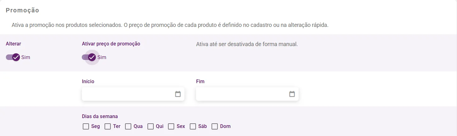 Painel Promoção do editar múltiplos com Alterar em Sim, Ativar preço de promoção, Início, Fim e os dias da semana