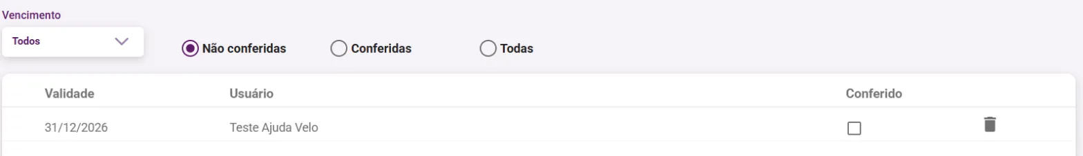 Listagem de validades com o filtro de vencimento e a coluna Conferido