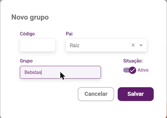 Janela Novo grupo com o campo Pai em Raiz e o nome Bebidas