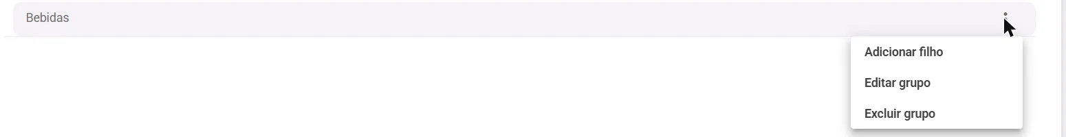 Menu do grupo com as opções Adicionar filho, Editar grupo e Excluir grupo