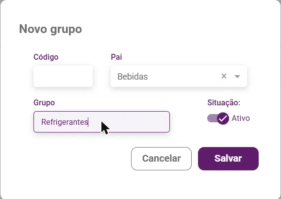 Janela Novo grupo com o Pai preenchido com Bebidas e o nome Refrigerantes