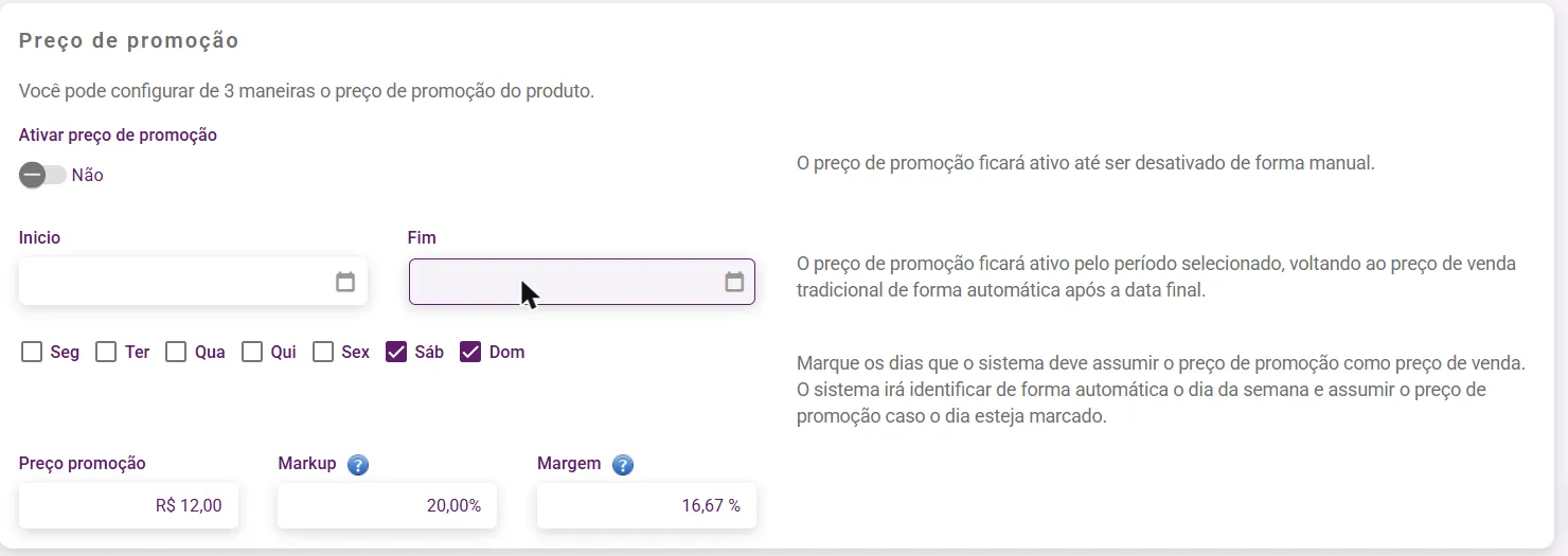 Painel Preço de promoção com o período, os dias da semana e o preço