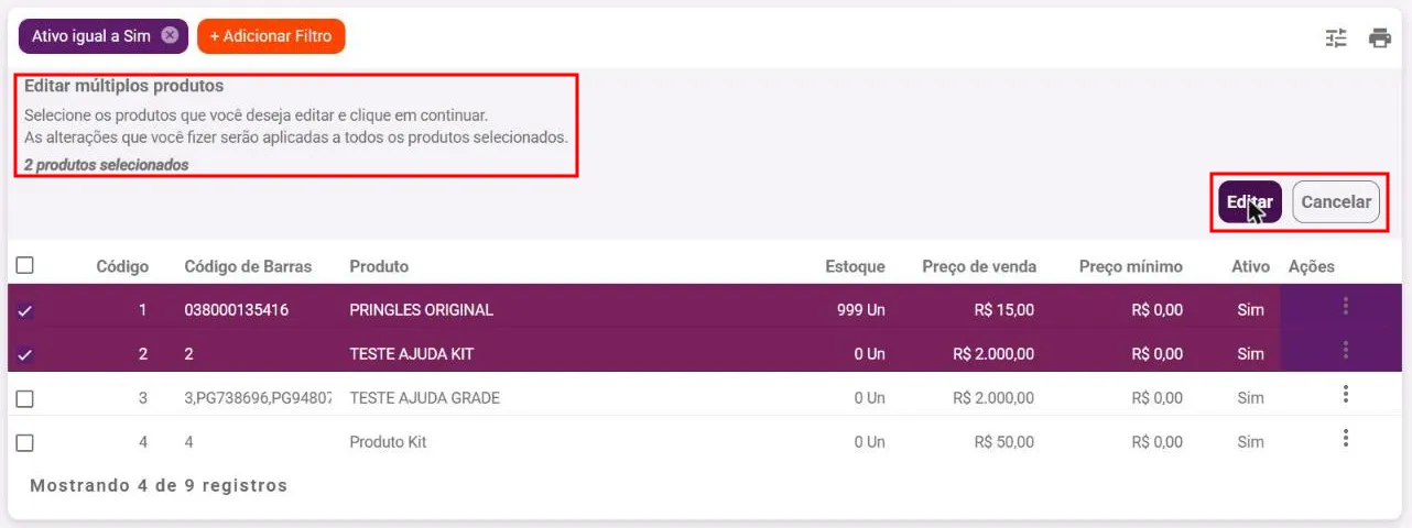Listagem de produtos com a tarja Editar múltiplos e o contador de selecionados