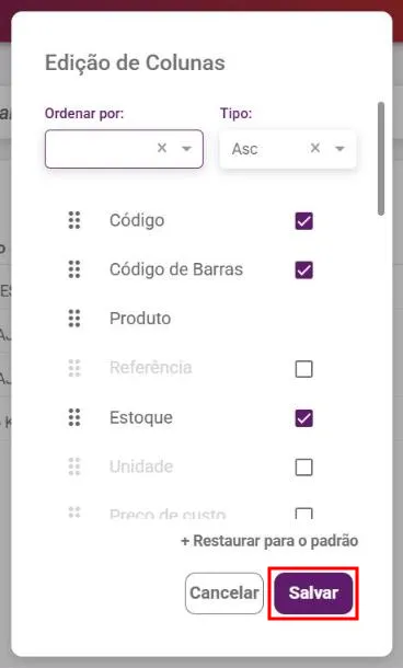 Janela Edição de Colunas com a lista de colunas e o botão Salvar